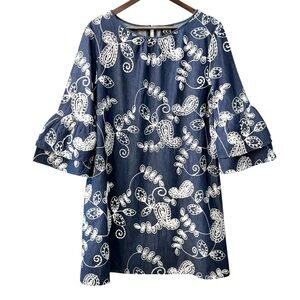 ECI Cotton Denim Embroidered Bell Sleeve Sheath‎ Dress | Size 8